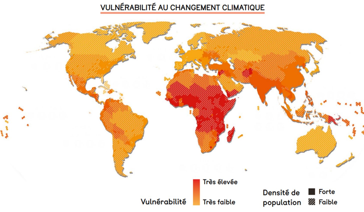 Carte mondiale de la vulnérabilité des pays face au changement climatique (source : Réseau Action Climat)