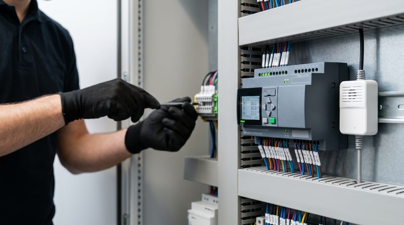Local technique tertiaire avec armoire GTB conforme Décret BACS Classe A : chaufferie, ECS, ventilation supervisés par Idealys