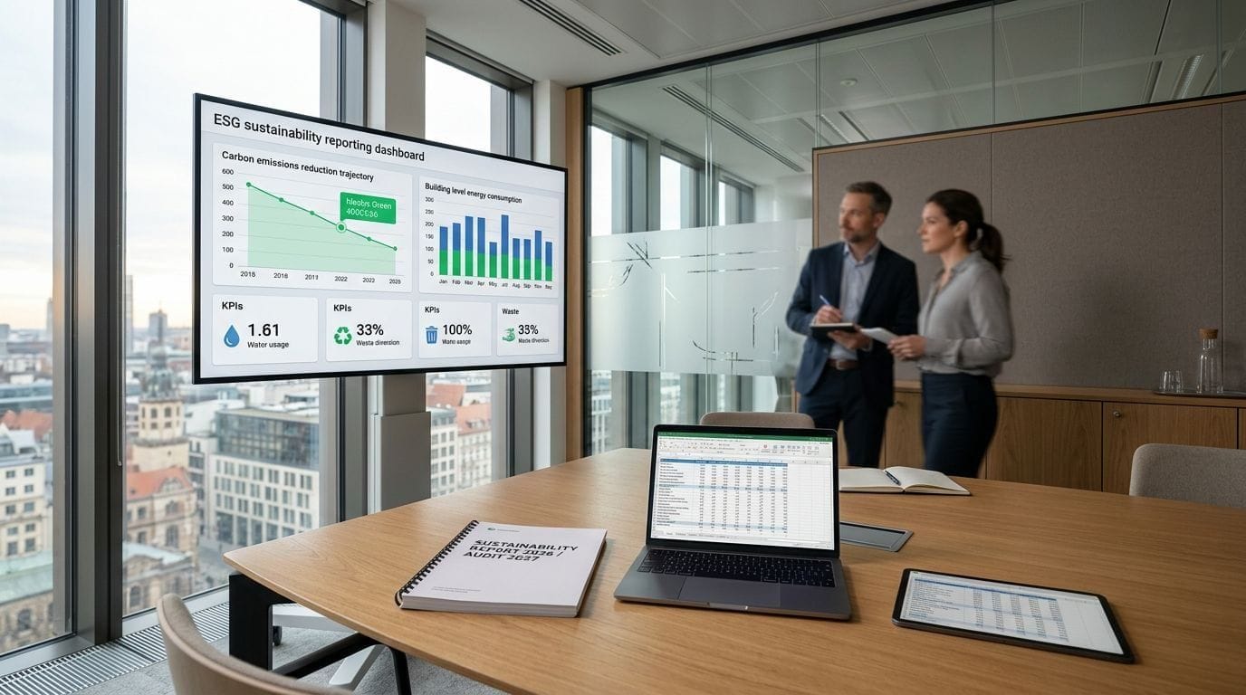 Salle de réunion executive moderne avec dashboard ESG mural, reporting CSRD ESRS E1 sur trajectoire carbone et données bâtiment opposables produites par Idealys
