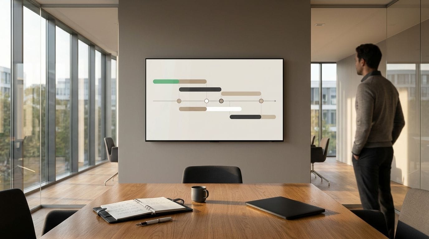 Salle stratégique executive avec timeline murale Gantt et 4 jalons réglementaires 2026-2030 : orchestration EPBD OPERAT BACS CSRD pilotée par Idealys