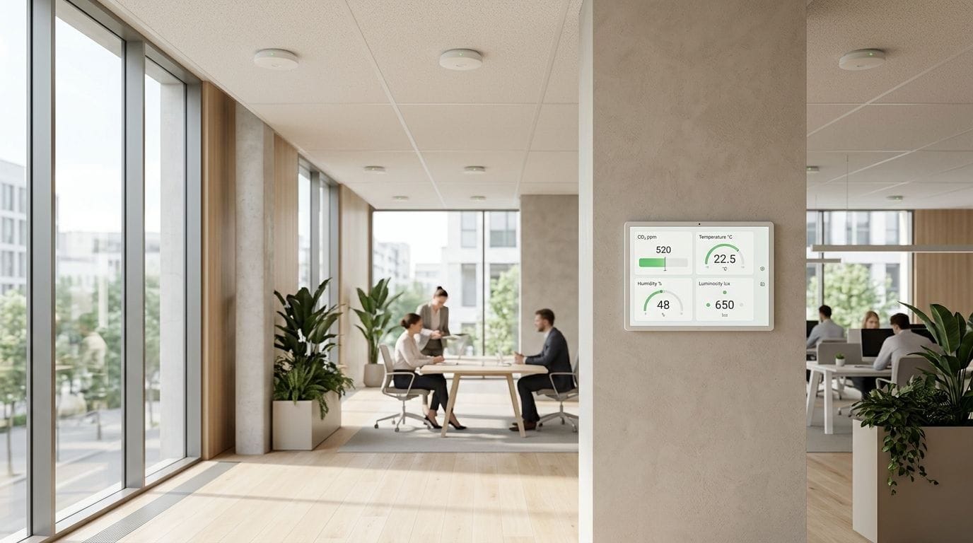 Open-space tertiaire européen contemporain avec capteurs IoT qualité air ambiant et dashboard IEQ CO₂ T° HR lux, conformité directive EPBD 2026 pilotée par Idealys