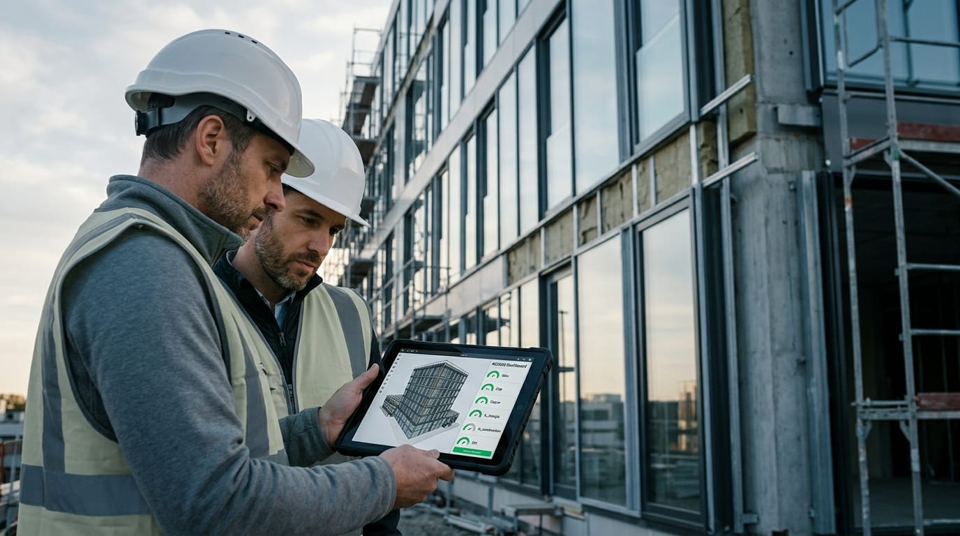 Chantier tertiaire neuf en phase finition avec architecte sur BIM 3D et dashboard RE2020 affichant Bbio Cep Ic_construction DH, conformité performance énergétique et environnementale du neuf pilotée par Idealys