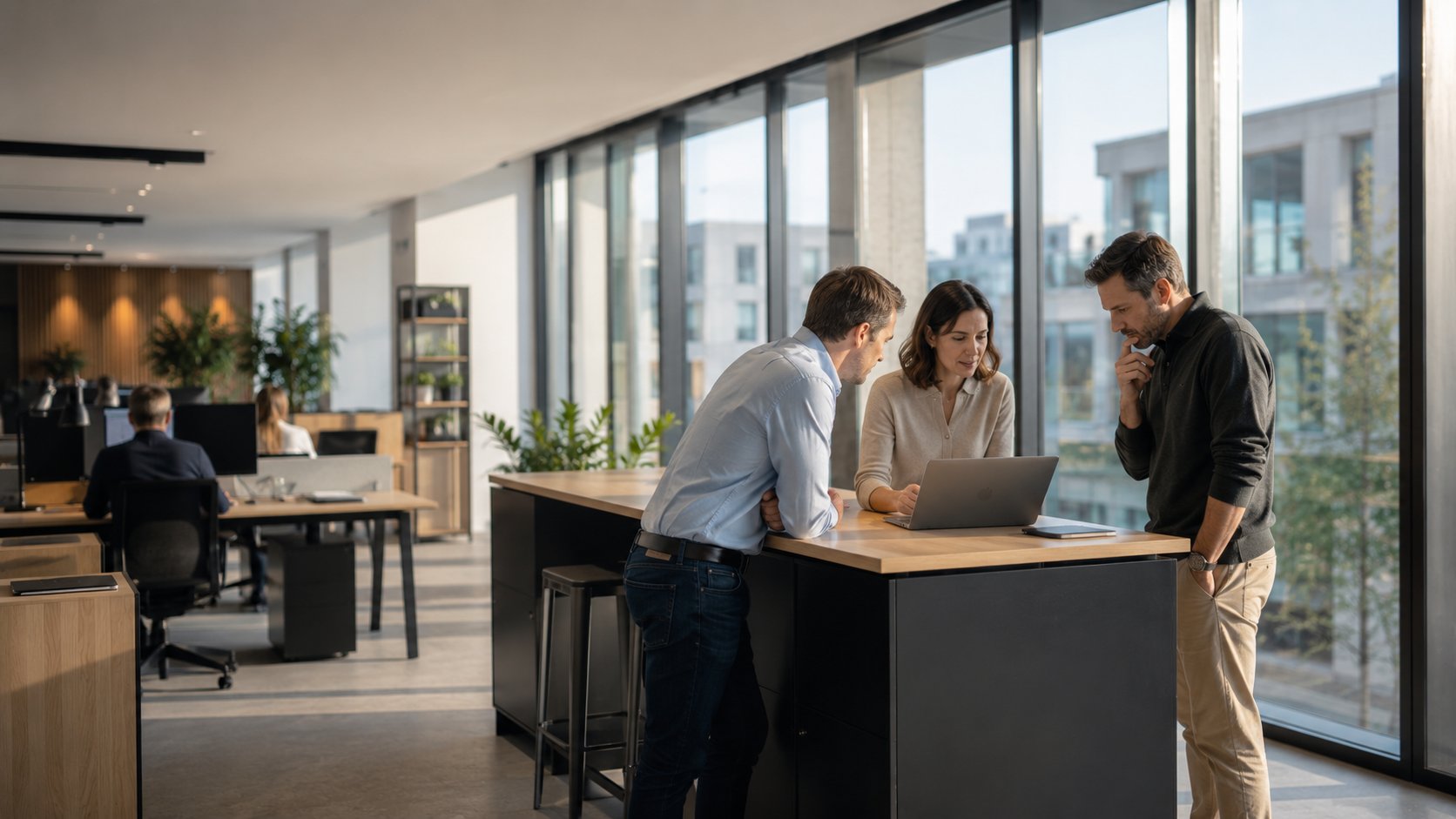 Trois professionnels Idealys collaborent autour d'un écran portable dans un open space contemporain