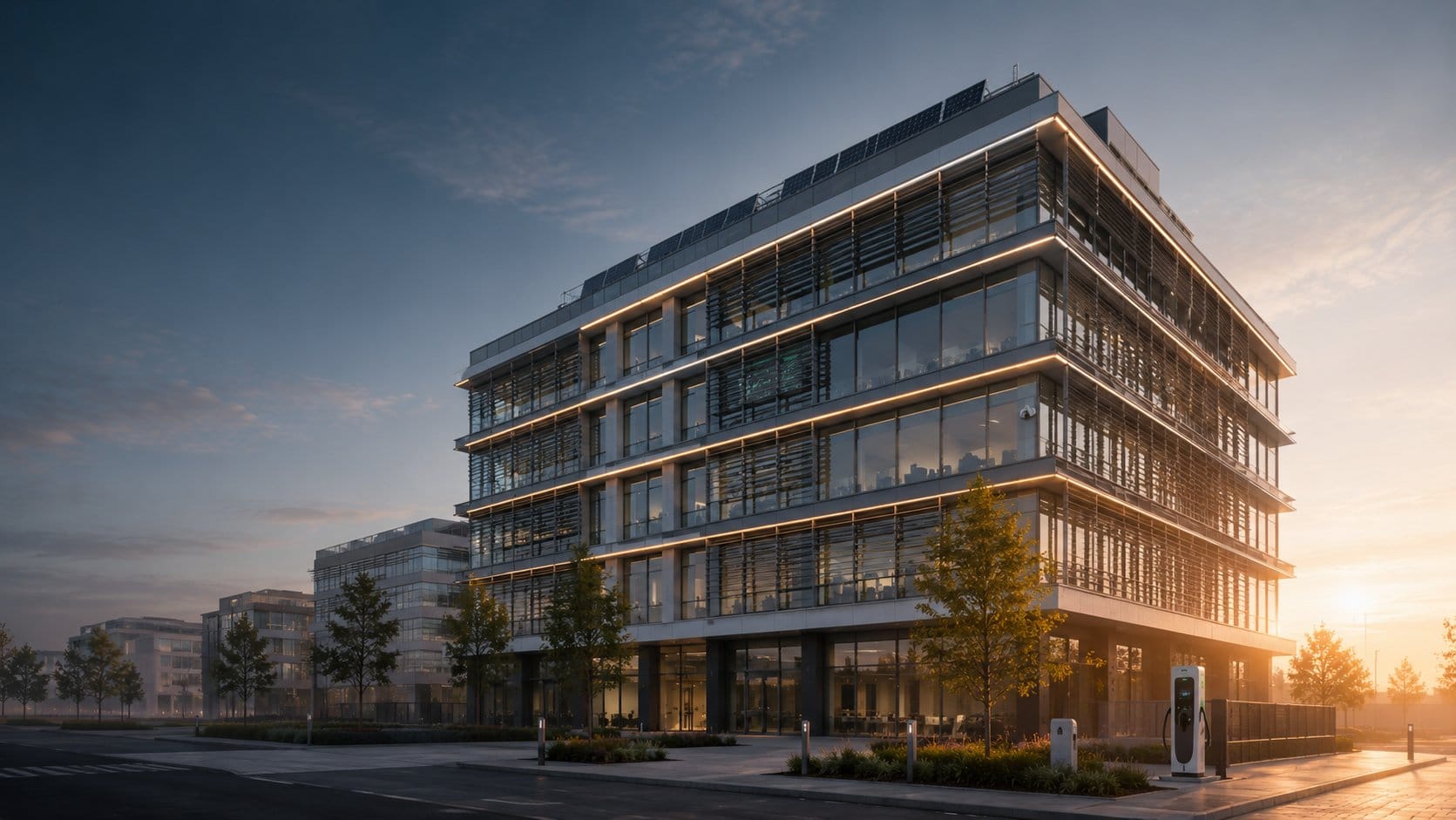 Immeuble tertiaire Smart Building au lever du soleil : brise-soleil orientables, bandeaux LED, borne de recharge VE, lumière rasante matinale, un bâtiment piloté par Idealys