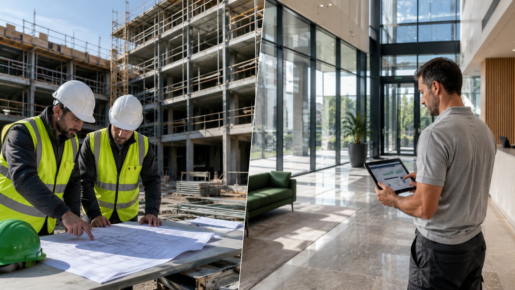 Split chantier (gros œuvre + plans) et exploitation (hall livré + technicien tablette) : la continuité Build + Operate Idealys