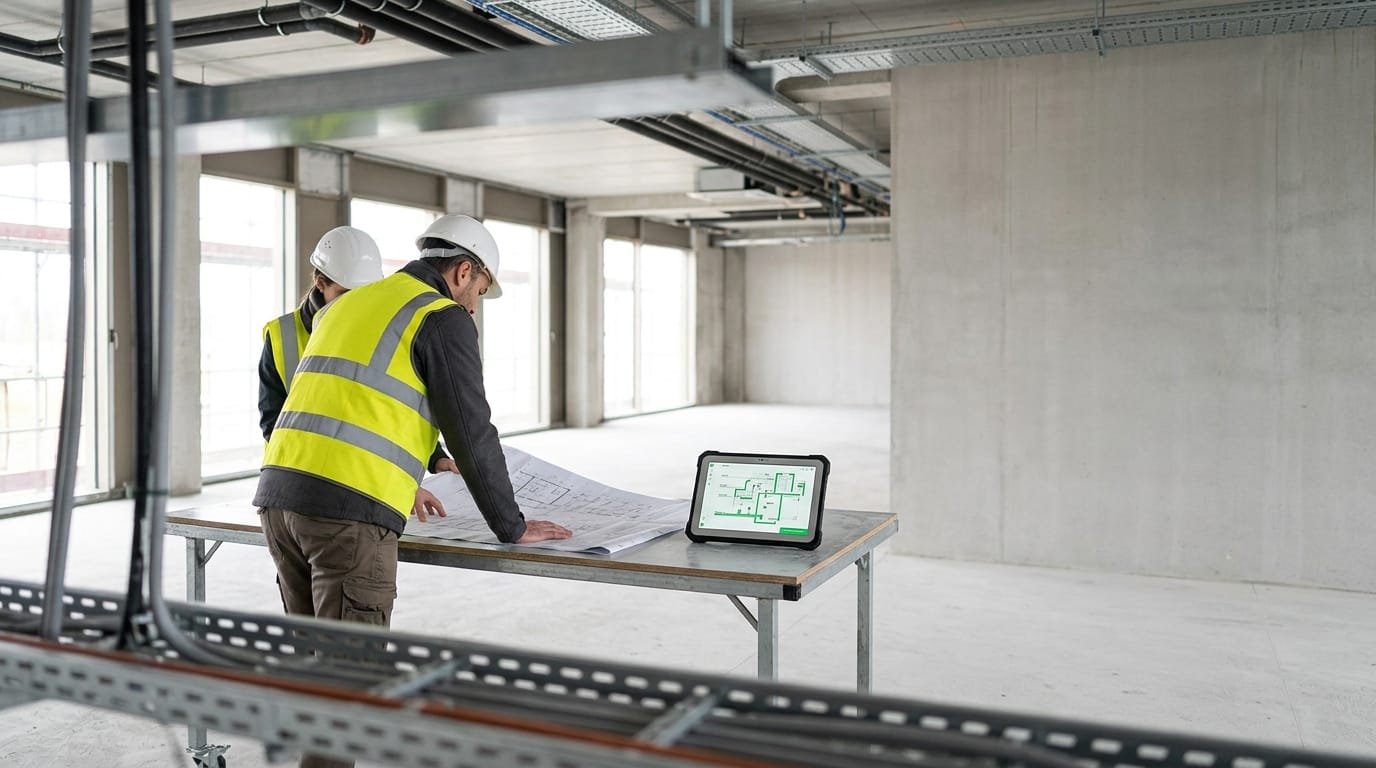 Phase Build Idealys One sur chantier - intégrateur posant équipements GTB, capteurs et Ideabox dans un bâtiment tertiaire en cours de livraison