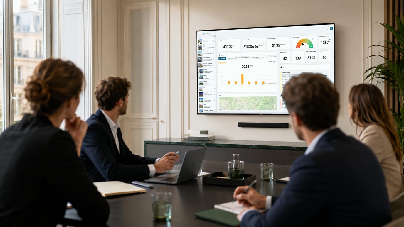 Équipe Idealys en réunion devant un grand écran affichant un tableau de bord de pilotage de bâtiments : courbes de performance et indicateurs de conformité en vert
