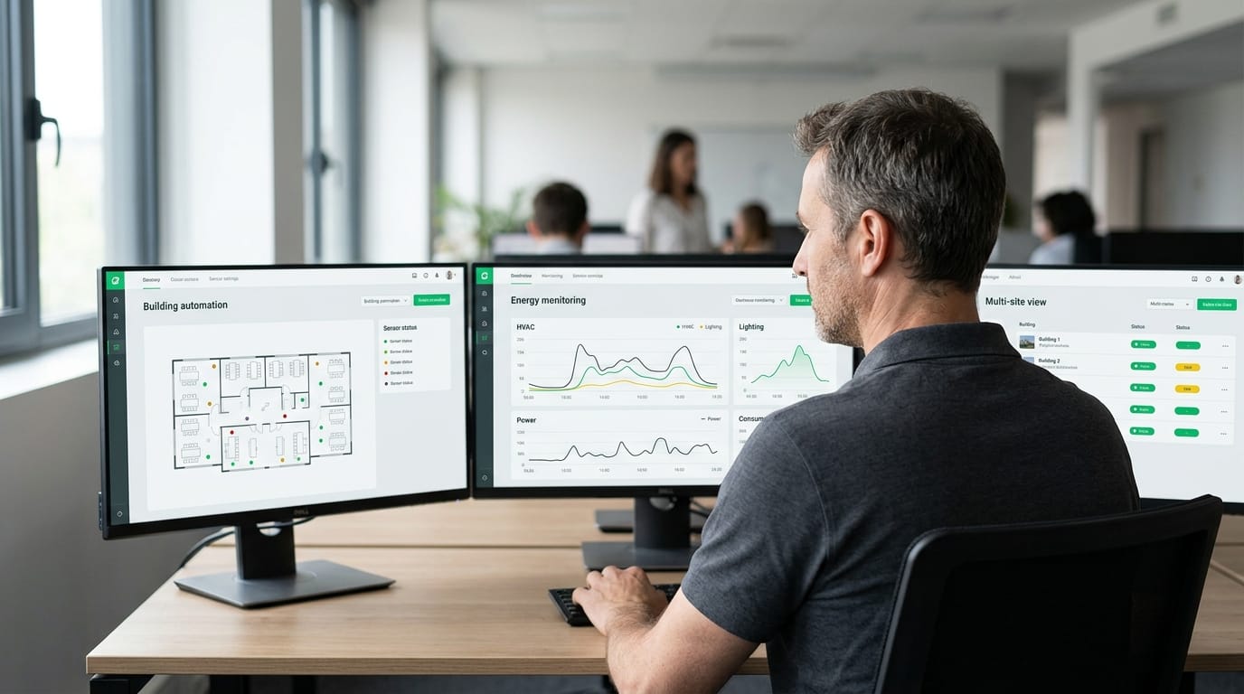 Exploitant Idealys One devant ses dashboards SaaS : supervision multi-bâtiments, énergie, conformité dans une interface unique