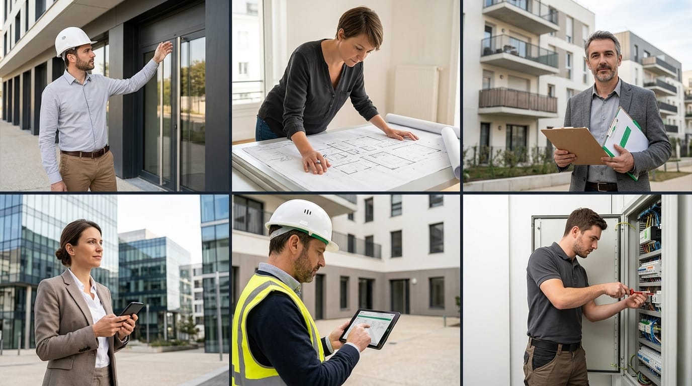 Six metiers du batiment connecte autour d'une plateforme commune Idealys One - promoteur, fonciere, bailleur, bureau d'etudes, bureau de controle, installateur & mainteneur