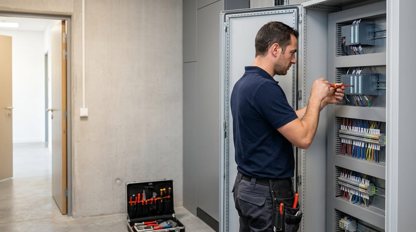 Installateur et mainteneur électricien intervient sur le tableau d'un bâtiment tertiaire connecté Idealys